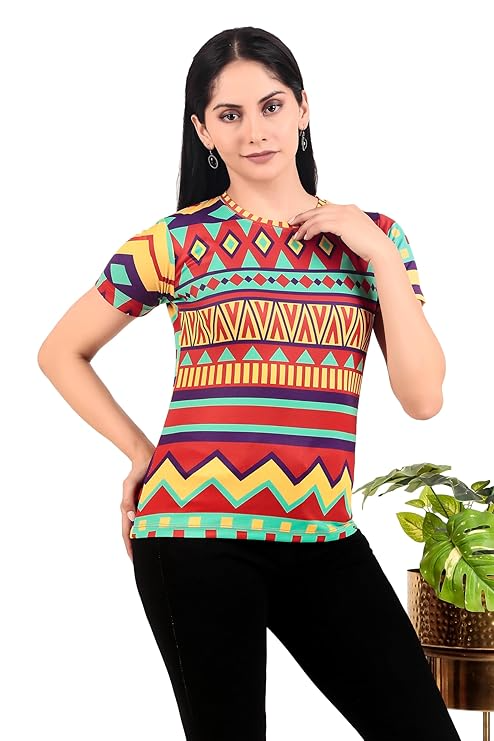 Women's Regular Fit Half-Sleeve Casual Graphic Print Multicolour Top